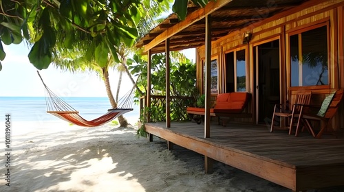 Wallpaper Mural Cozy beachfront bungalow with a hammock on the porch, offering a serene retreat with stunning views of a tropical beach. Torontodigital.ca