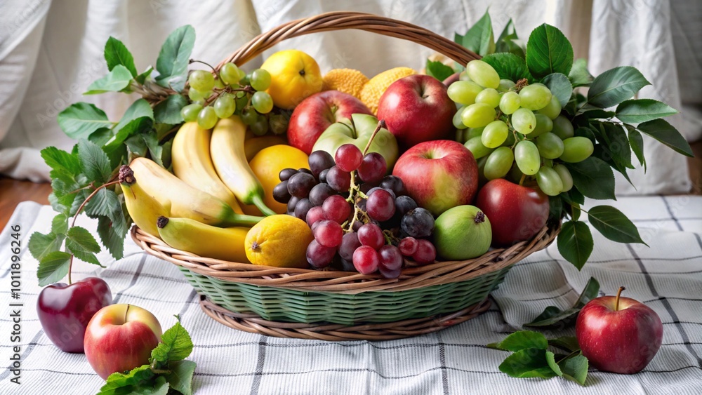 A wicker basket overflowing with fresh fruit, including apples, bananas, grapes, and lemons. A wicker basket overflowing with fresh fruit, including apples, bananas, grapes, and lemons.