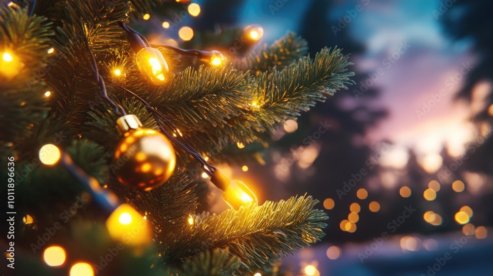 Glowing christmas tree with festive lights and ornaments in winter wonderland Glowing christmas tree with festive lights and ornaments in winter wonderland