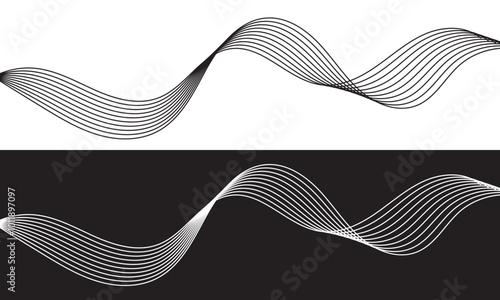 Abstract black and white vibration wave set. Collection of sound audio wavy line, dotted halftone and waveform. Element on white and black background for business, science, music and technology. EPS10