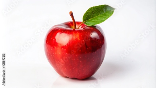 A single red apple with a green leaf on a white background.