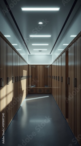 A bright locker room in the wellness center with mirrors and lockers with wooden doors gym room Ultra realistic Photorealistic  Cinematic photography photo