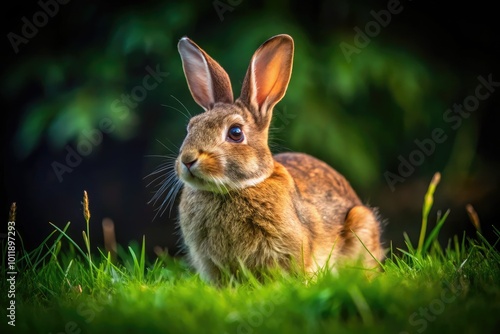 Brown rabbit hunched down on green grass with soft fur and alert ears in a serene outdoor setting