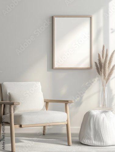 Modern Minimalist Room Interior with Wooden Frame Mockup and Stylish Armchair