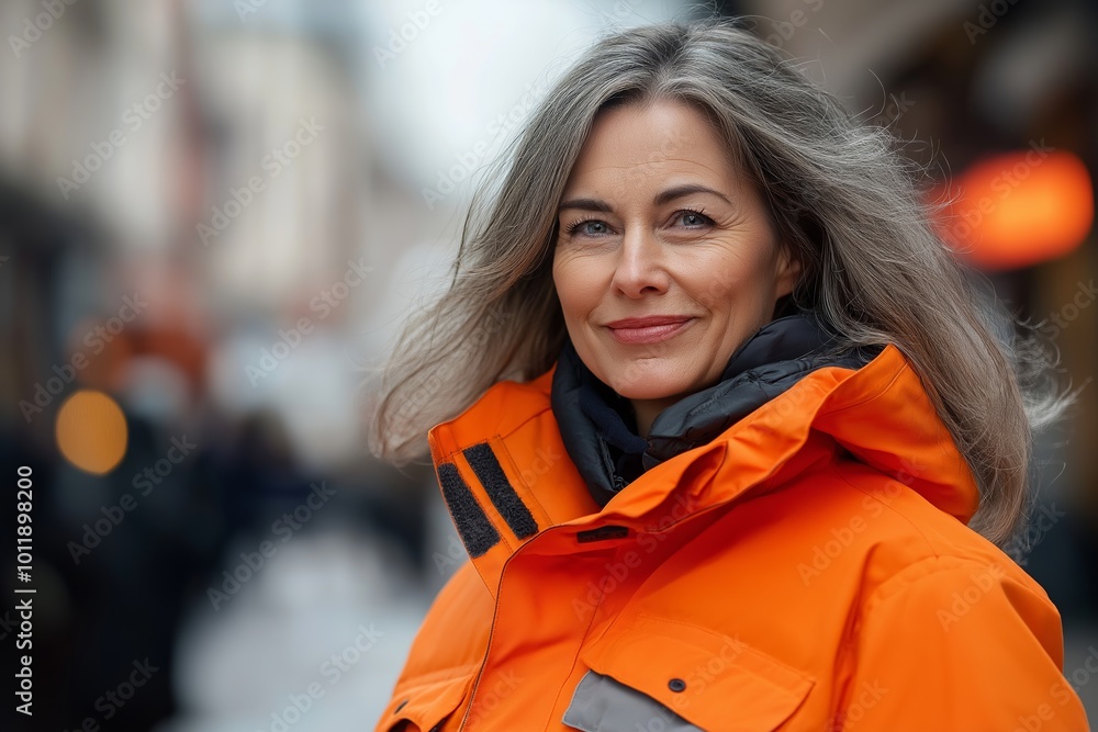 Fototapeta premium Woman wearing an orange jacket and a black scarf. She is smiling. There are other people in the background. smiling middle aged female sanitation worker