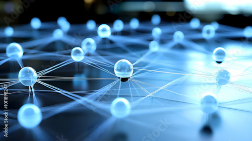 3D Render of a Network with Blue Spheres Connected by Fine White Lines, Creating an Abstract Connection