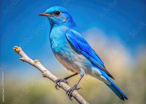 A brilliant Mountain Bluebird sits on a branch, contrasting beautifully against the clear blue sky, embodying the vibrancy and splendor of its natural habitat.