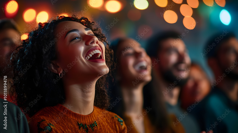 Group of people at a celebration, enjoying and singing together. Concept of joy, community, and festive spirit Group of people at a celebration, enjoying and singing together. Concept of joy, community, and festive spirit