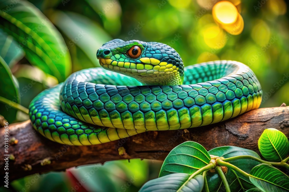 Fototapeta premium Captivating Boomslang Snake Coiled on Branch Surrounded by Lush Greenery in Natural Habitat