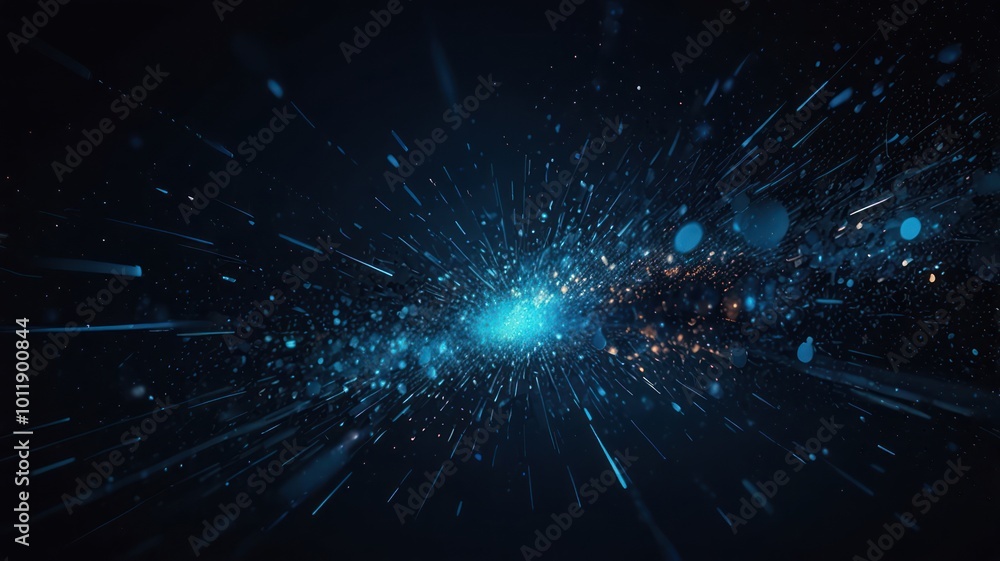 Abstract blue and gold glowing particles on a dark background with radial motion and bokeh effects. Abstract blue and gold glowing particles on a dark background with radial motion and bokeh effects.