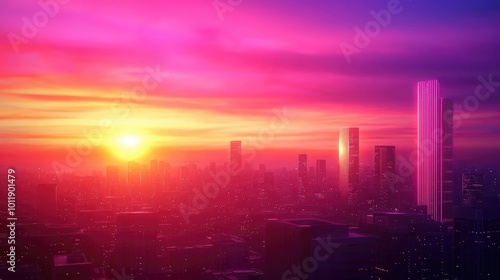 Futuristic Cityscape at Sunset with Vibrant Colors