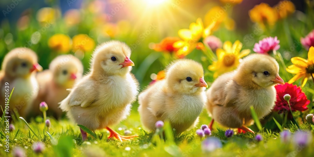 Adorable Baby Chicks Exploring a Sunny Farmyard with Bright Green Grass and Colorful Flowers Around Adorable Baby Chicks Exploring a Sunny Farmyard with Bright Green Grass and Colorful Flowers Around