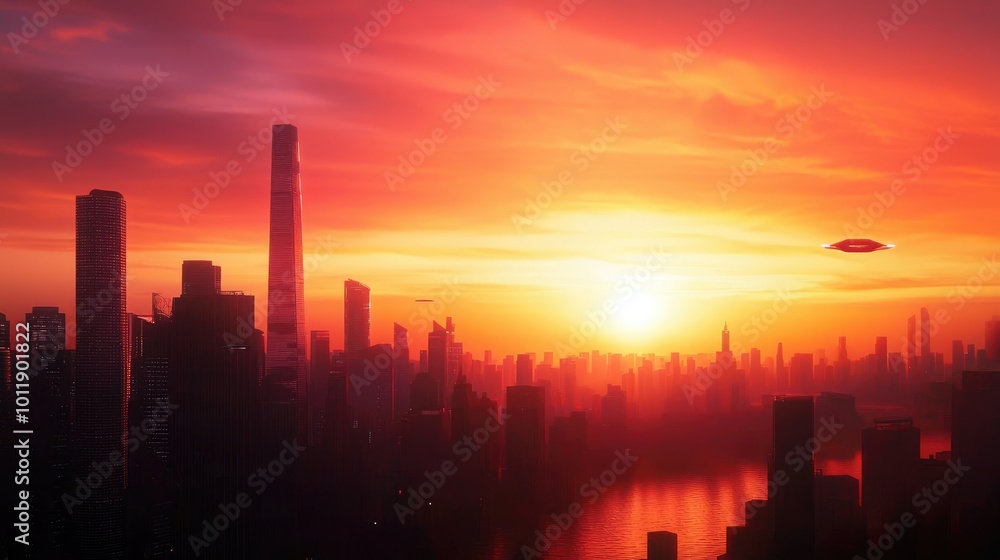 Futuristic City Skyline at Dusk with Towering Structures Futuristic City Skyline at Dusk with Towering Structures
