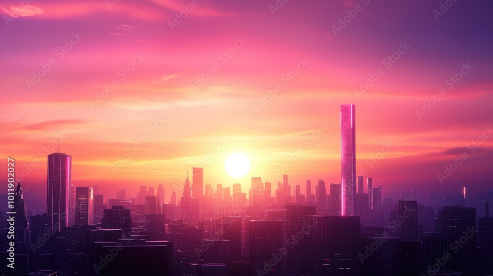 Fototapeta premium Futuristic Cityscape at Sunset with Vibrant Colors