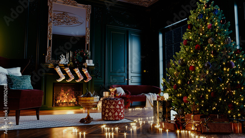 Christmas eve cozy mood in classic decorated living room with fire burning in fireplace, christmas tree, candles and gifts. Family waiting for rest. December holidays, winter, warm indoor. Snow falls.