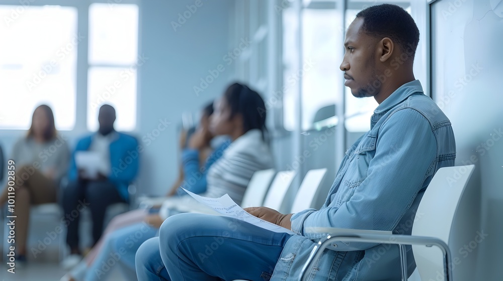 Pale and Tired Patient Clutching Medical Form in Clinic Waiting Room Pale and Tired Patient Clutching Medical Form in Clinic Waiting Room