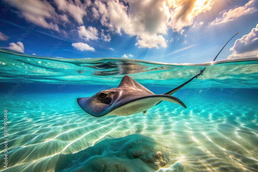 A graceful stingray glides through clear blue waters, showcased in stunning underwater photography that captures the beauty and tranquility of marine life. A graceful stingray glides through clear blue waters, showcased in stunning underwater photography that captures the beauty and tranquility of marine life.