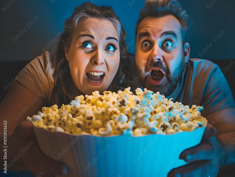 Delighted Duo Sharing Massive Bowl of Movie Popcorn in Cinematic Glow Delighted Duo Sharing Massive Bowl of Movie Popcorn in Cinematic Glow