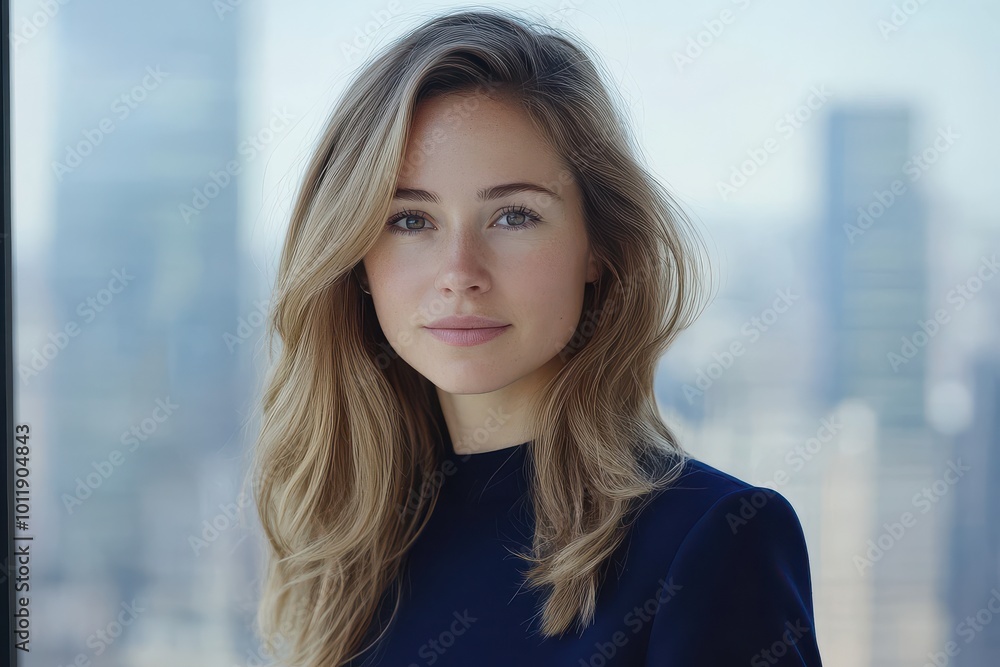 Confident Businesswoman Posing in Office with City View Background Confident Businesswoman Posing in Office with City View Background