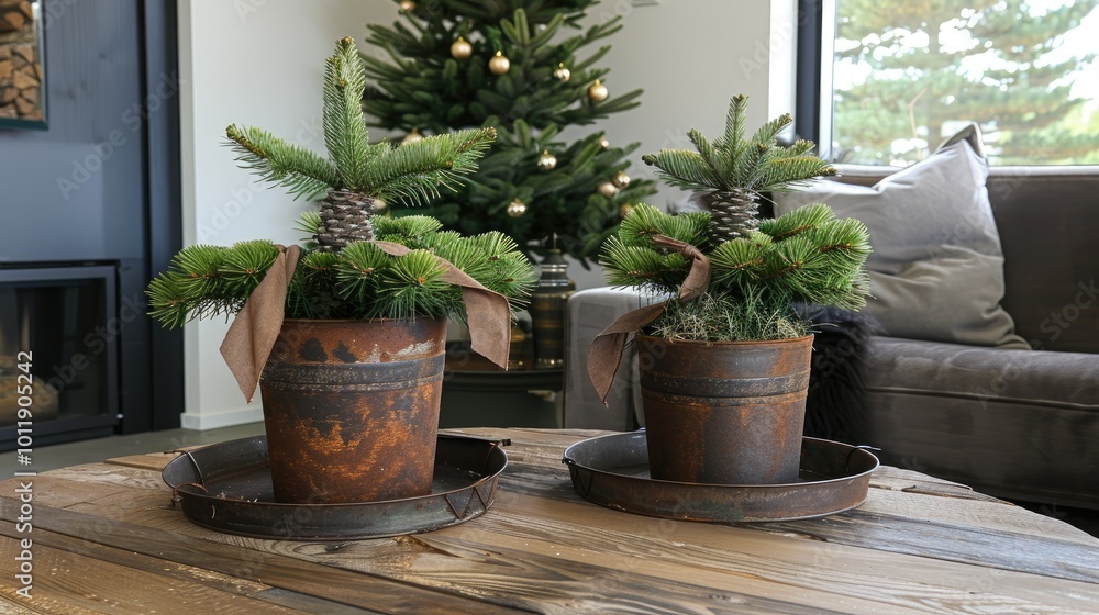 Fototapeta premium small pine trees in flower pots with brown ribbons 