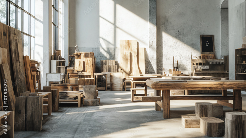 The concept of producing furniture. furniture workshop. 3d render The concept of producing furniture. furniture workshop. 3d render