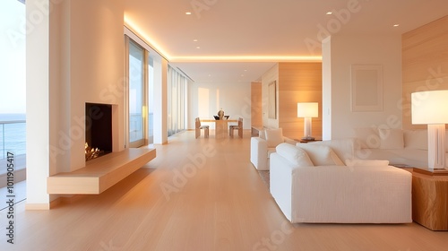 Elegant Minimalist Living Room with Recessed Lighting - Contemporary Design Showcasing Warm Ambiance and Architectural Sophistication