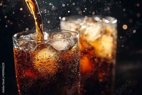 Pouring cola into glass filled with ice cubes and fizz