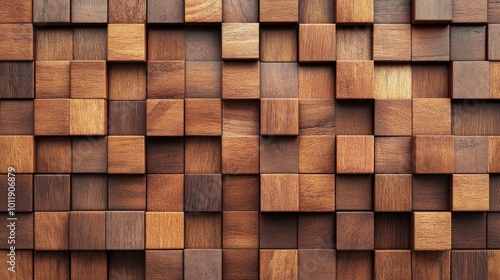 Geometric Wood Panel Design with Glossy Tile Blocks. 3D Rendering of Natural Timber Surface