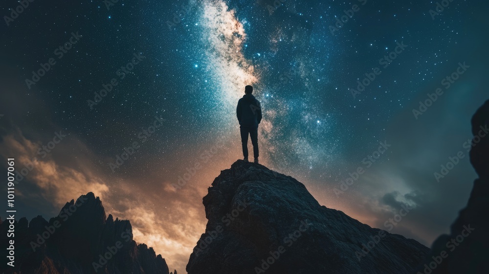 Fototapeta premium Silhouette of Traveler at Canyon with Milky Way on Starry Night Sky