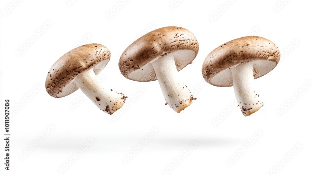 Gourmet Flying Mushroom Collection. Culinary Champignon Delicacies on White Background Gourmet Flying Mushroom Collection. Culinary Champignon Delicacies on White Background