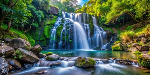 A peaceful waterfall tumbles over rugged stones, embraced by vibrant foliage, creating a serene haven in a beautiful natural landscape filled with tranquility.