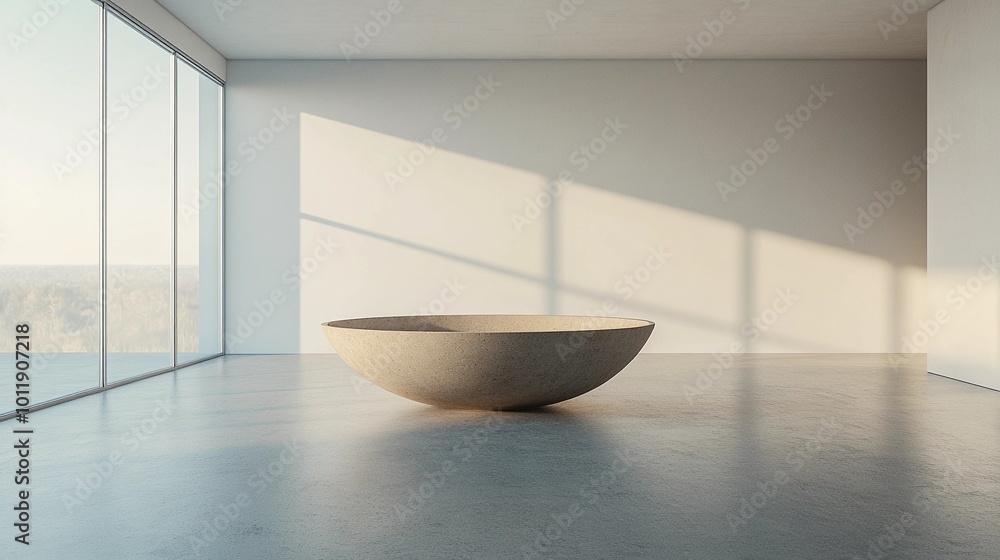 Spacious minimalist bathroom, central stone bathtub, smooth concrete floors, large windows, serene atmosphere, soft lighting, open and airy layout Spacious minimalist bathroom, central stone bathtub, smooth concrete floors, large windows, serene atmosphere, soft lighting, open and airy layout