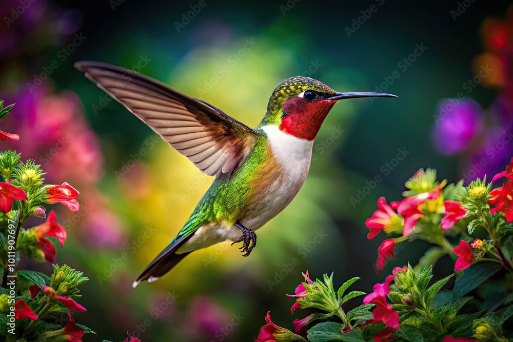 Fototapeta premium A ruby-throated hummingbird flits gracefully among bright flowers and lush greenery, showcasing its iridescent plumage while feeding in a vibrant, thriving paradise.