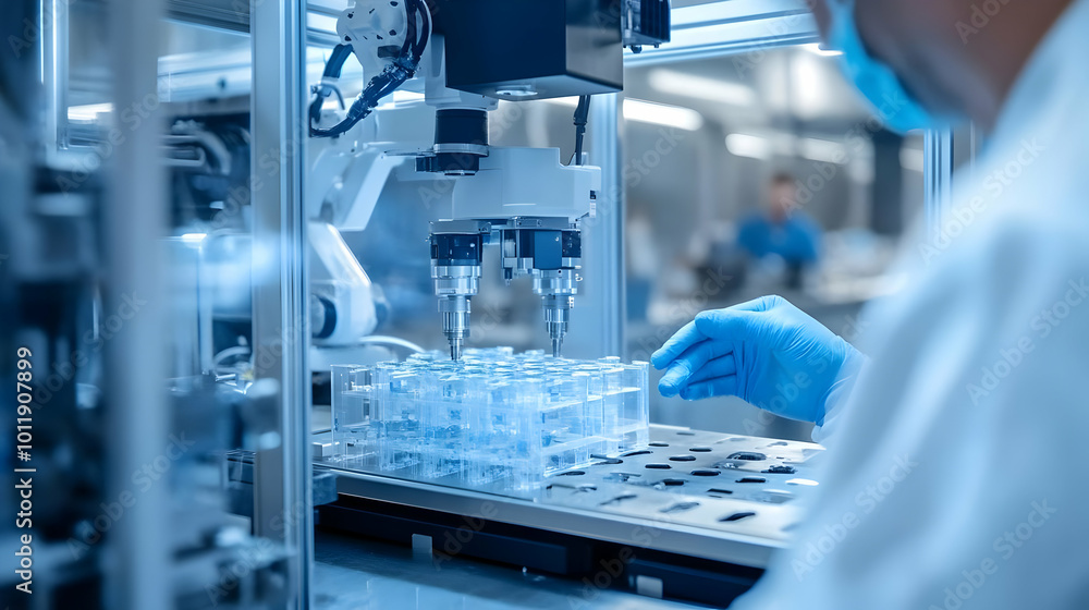 A Robotic Arm Precisely Manipulating Test Tubes in a Sterile Laboratory Setting, with a Technician Wearing Protective Gear Observing the Process A Robotic Arm Precisely Manipulating Test Tubes in a Sterile Laboratory Setting, with a Technician Wearing Protective Gear Observing the Process
