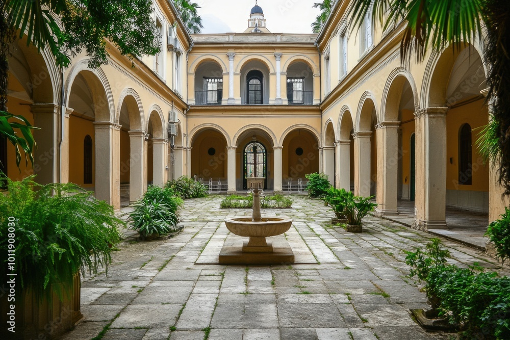Fototapeta premium Neoclassical Church Courtyard: Emblem of Sacred Heritage and Architectural Beauty