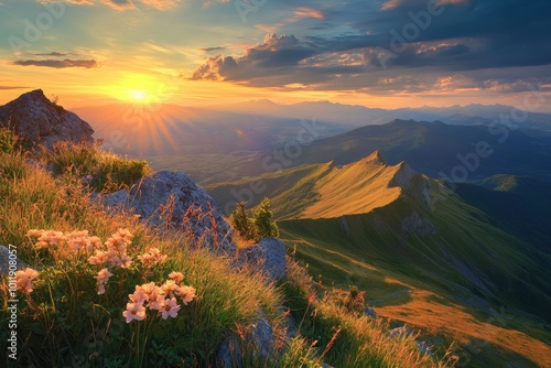 Incredible Sunset over Majestic Mountain Valley with Calm Lake and Colourful Sky