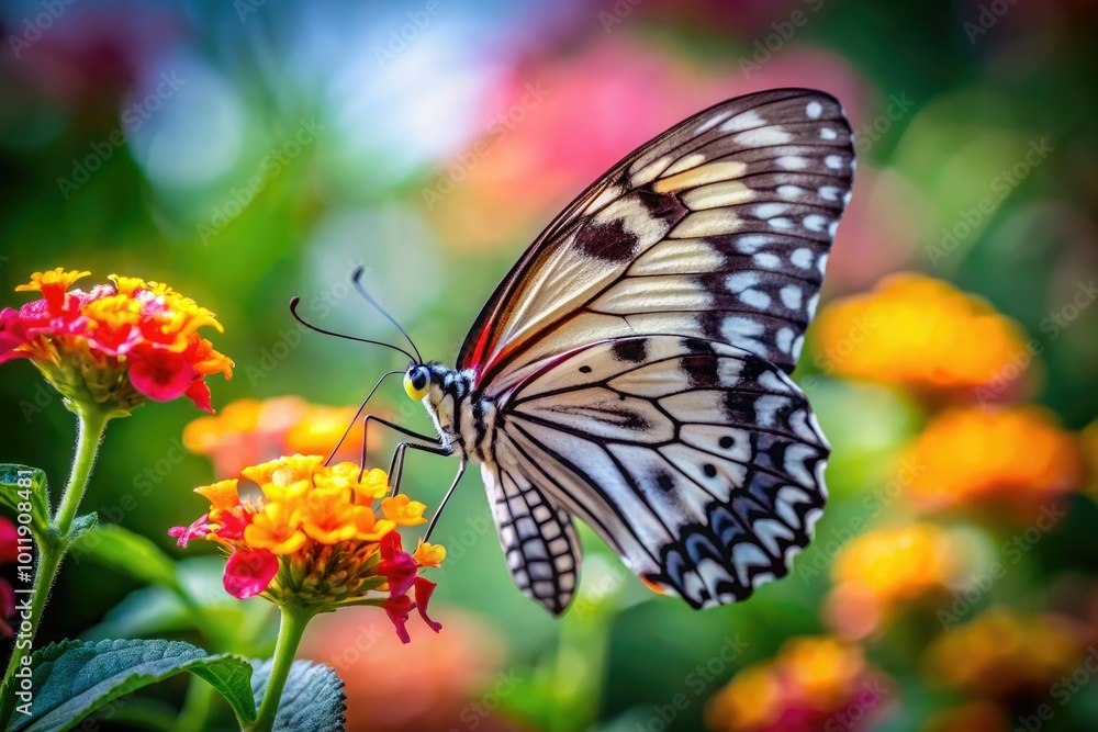 A striking black and grey butterfly delicately rests on a vivid flower, contrasting beautifully against a gentle, softly blurred backdrop that enhances its elegance. A striking black and grey butterfly delicately rests on a vivid flower, contrasting beautifully against a gentle, softly blurred backdrop that enhances its elegance.