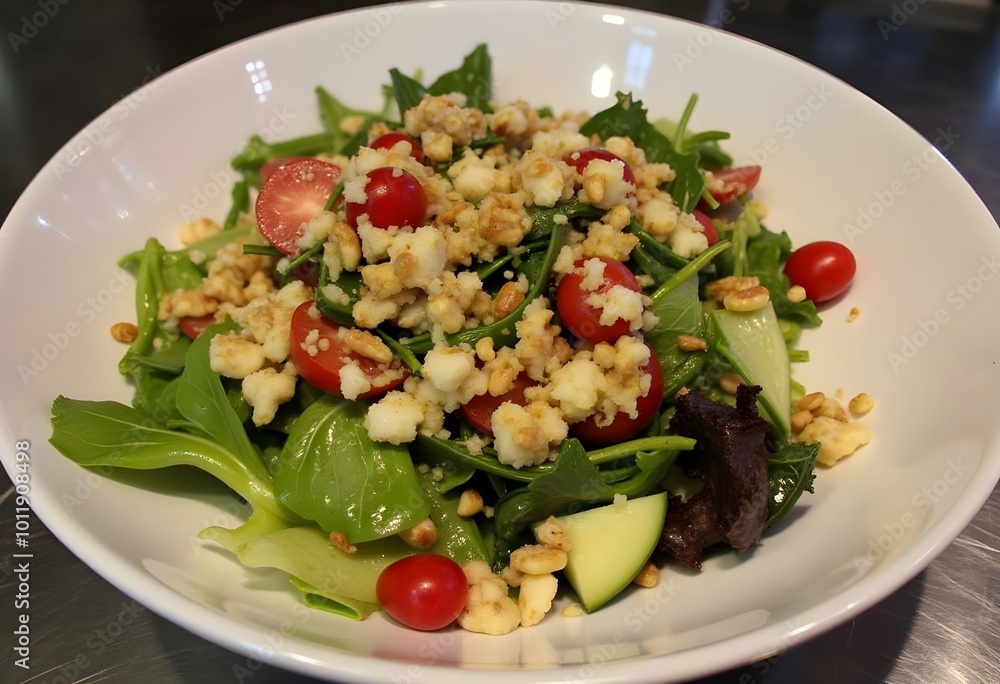 A colorful salad with a variety of fresh vegetables, nuts, and seeds, drizzled with a light vinaigrette, in a modern kitchen. A colorful salad with a variety of fresh vegetables, nuts, and seeds, drizzled with a light vinaigrette, in a modern kitchen.