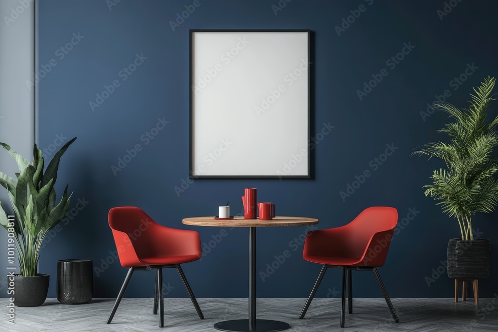 Fototapeta premium Modern Dining Room Interior with Dark Blue Wall and Elegant Frame Display