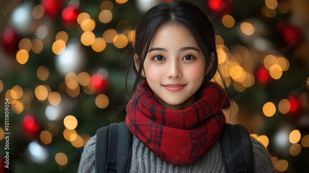 Portrait of a young Asian woman wearing a red scarf with Christmas lights in the background Portrait of a young Asian woman wearing a red scarf with Christmas lights in the background