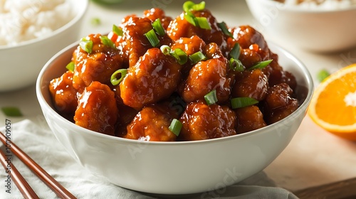 Orange chicken with green onions in a bowl photo