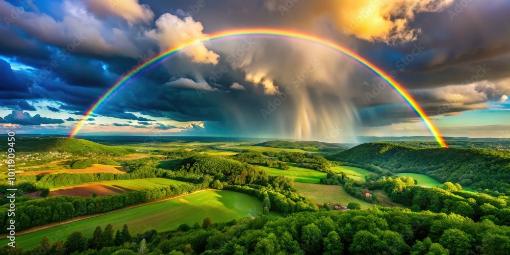 A stunning double rainbow arches over a breathtaking landscape, illuminated by the sunlight after a refreshing rain shower, embraced by vibrant greenery below. A stunning double rainbow arches over a breathtaking landscape, illuminated by the sunlight after a refreshing rain shower, embraced by vibrant greenery below.