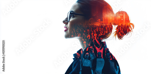 Double exposure image featuring a woman's profile blended with a cheering crowd at sunset, symbolizing dreams, unity, and inner passion.
