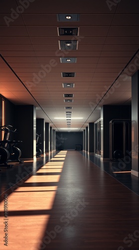 Empty long corridor in modern fitness gym gym room Ultra realistic Photorealistic Cinematic photography photo