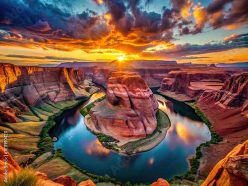 A stunning sunset paints the sky at Horseshoe Bend, with brilliant colors mirrored in the flowing Colorado River, creating a breathtaking natural masterpiece.