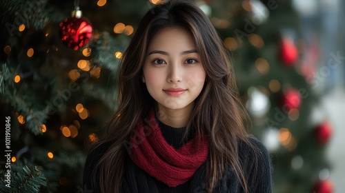 Portrait of a young Asian woman wearing a red scarf in front of a decorated Christmas tree.