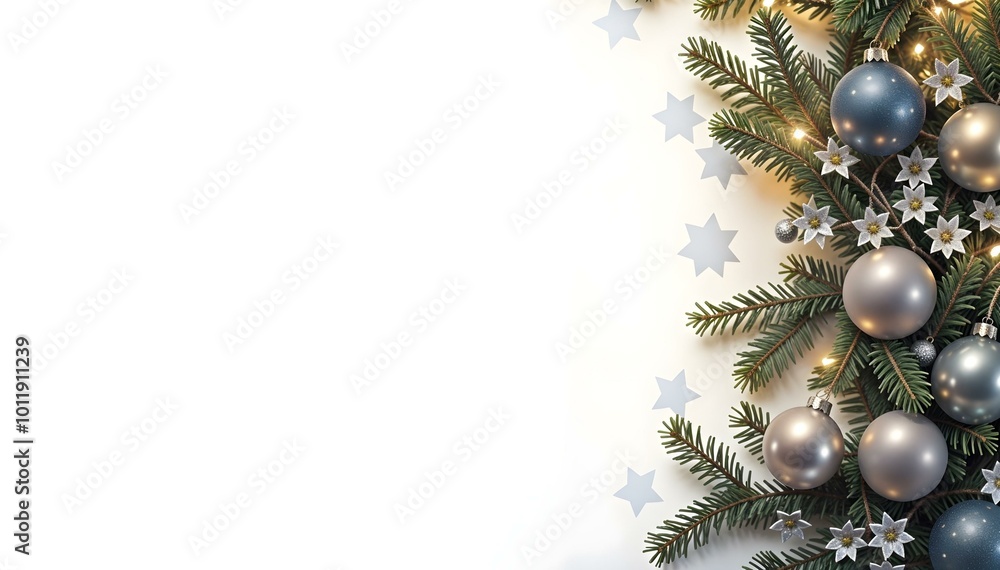 Christmas background of spruce, fir tree, pine and toys on a white background. New Year background. Christmas banner Christmas background of spruce, fir tree, pine and toys on a white background. New Year background. Christmas banner