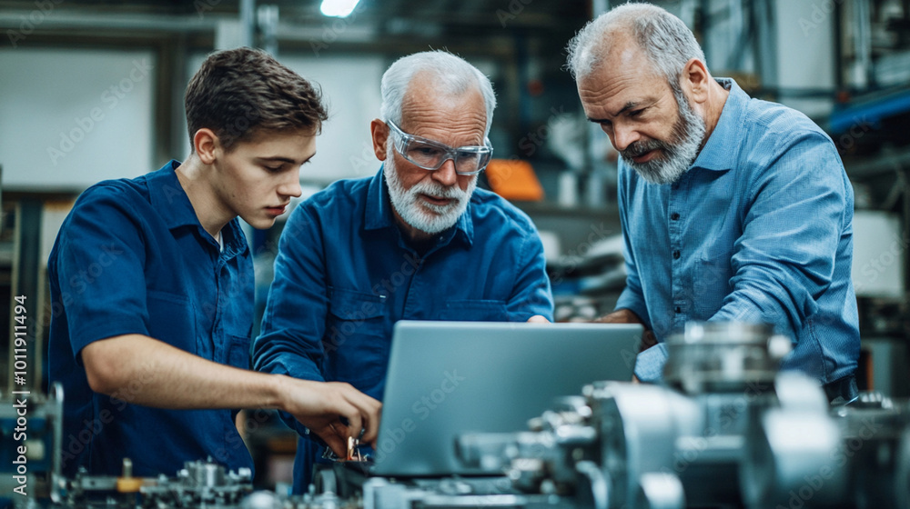 Team of multi-generational engineers in a workshop collaborating on a machinery project, analyzing data on a laptop and discussing technical details.
Team of multi-generational engineers in a workshop collaborating on a machinery project, analyzing data on a laptop and discussing technical details.