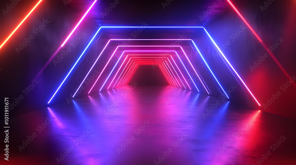 3D Render of a Neon Lit Tunnel with Glowing Pink, Blue and Red Lines 3D Render of a Neon Lit Tunnel with Glowing Pink, Blue and Red Lines