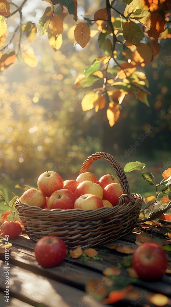An apple basket is tilted on the wooden table, and apples have fallen out of it in all colors and sizes An apple basket is tilted on the wooden table, and apples have fallen out of it in all colors and sizes